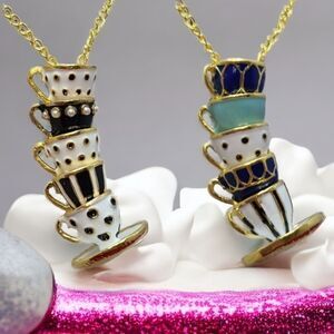 Whimsical Stacked Teacups Pendant Gold Necklace Alice in Wonderland Jewelry